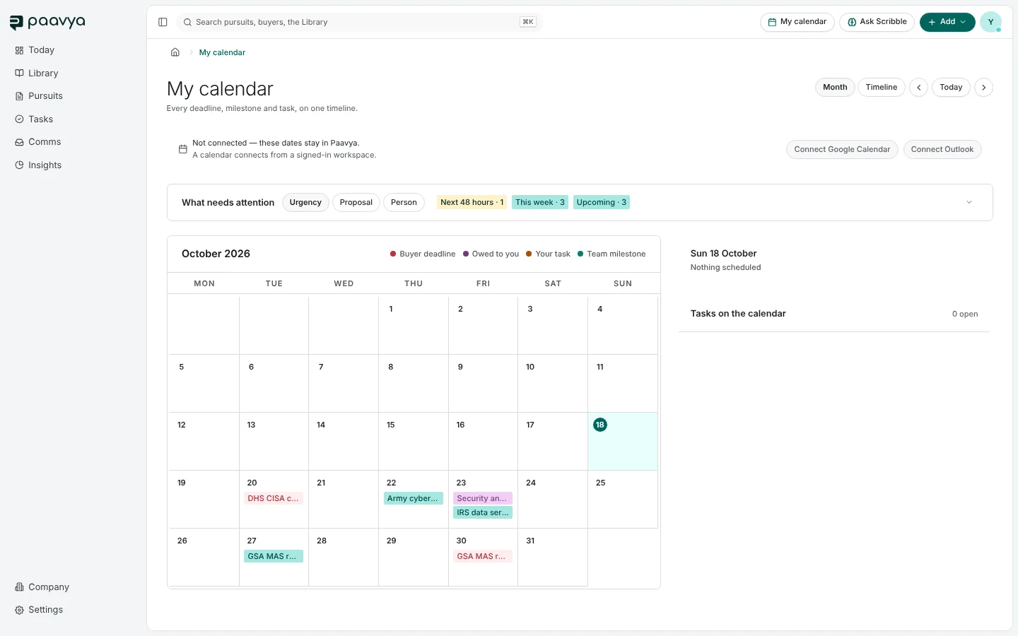My calendar: a month grid with colored deadlines and milestones, a What needs attention bar above it, and the selected day's items at the right