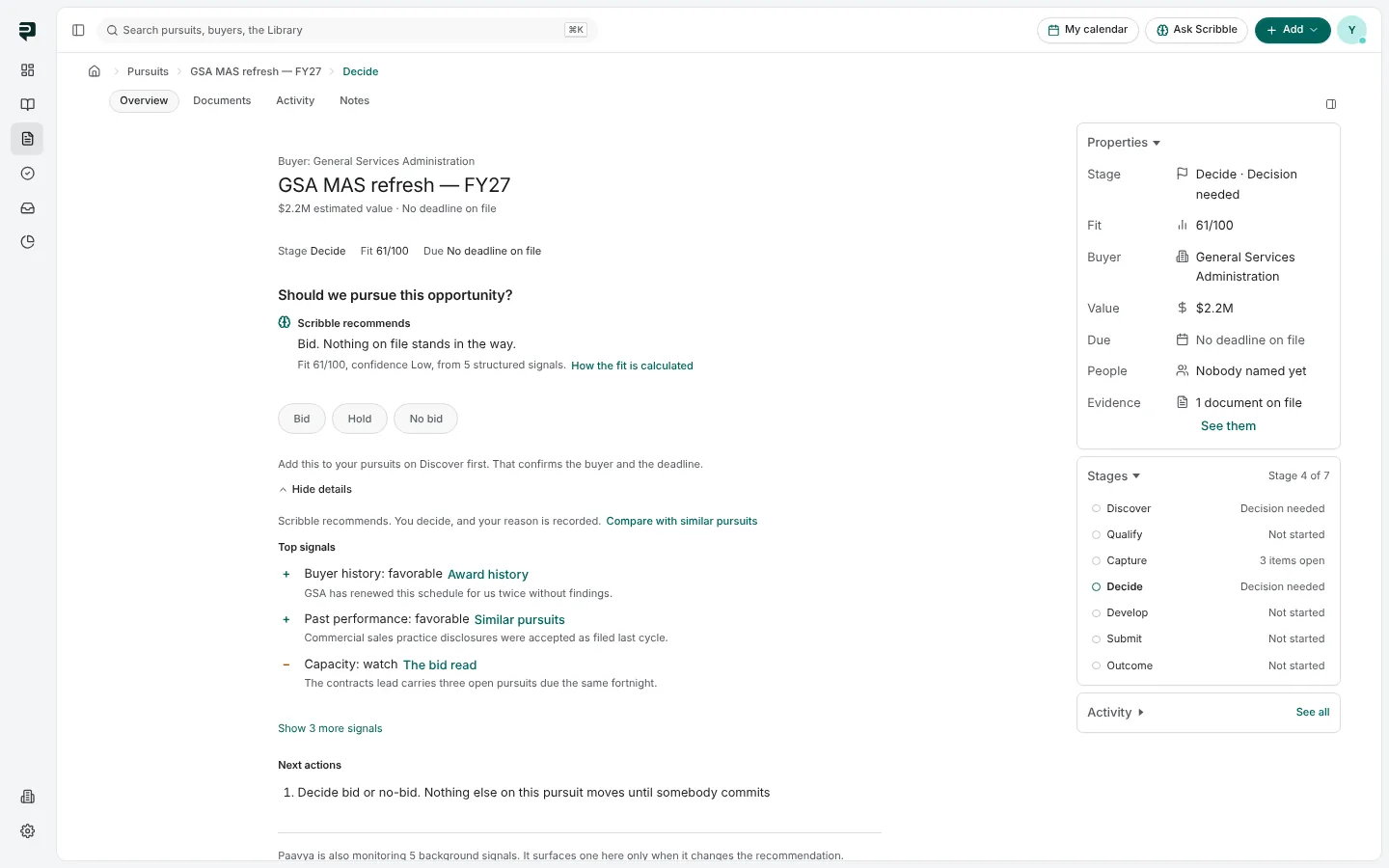 Decide with details shown: top signals for buyer history, past performance and capacity, each with a link to its evidence, and the next actions