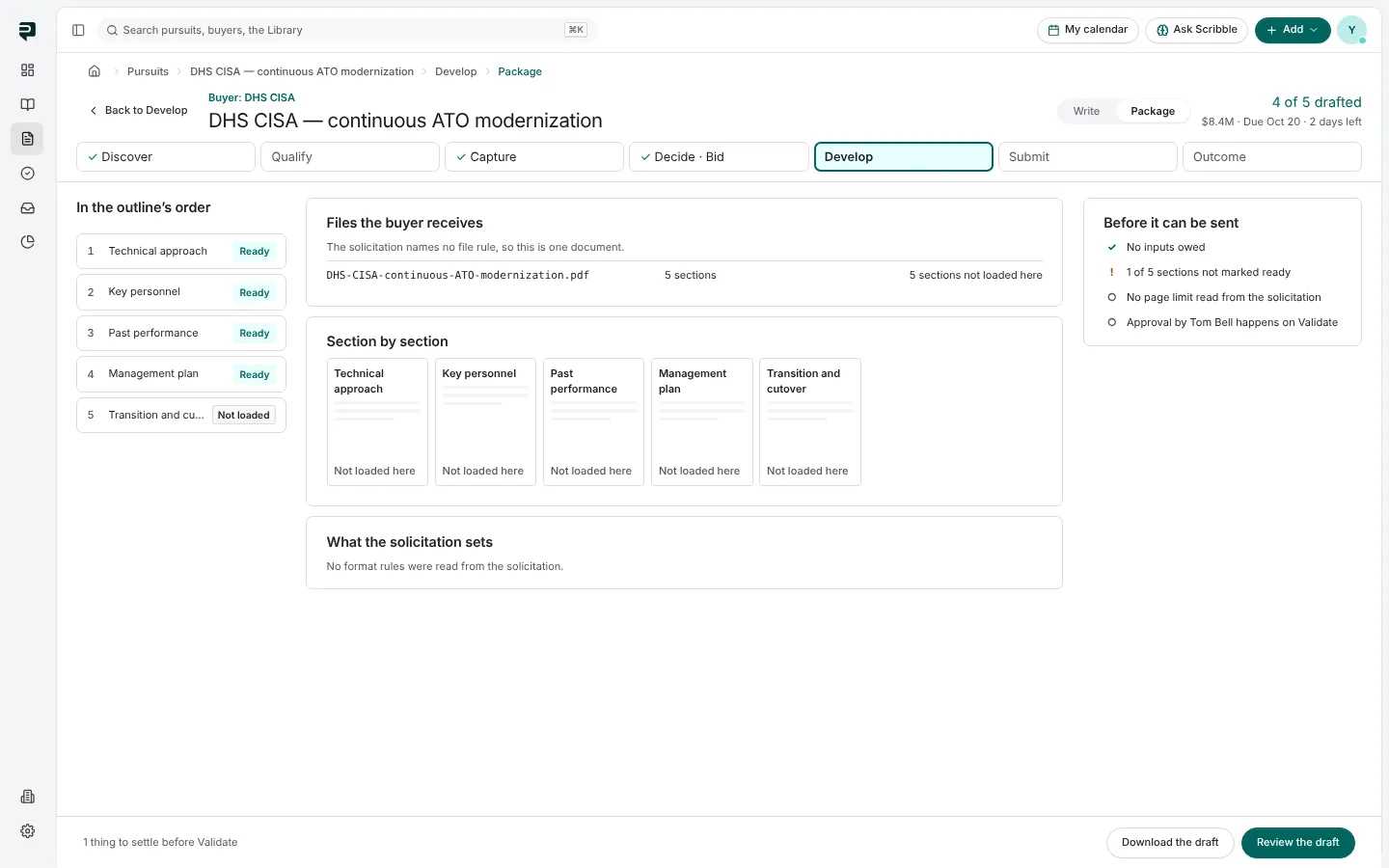 The Package view: the outline in order, the files the buyer receives, a section-by-section page view, the solicitation's format rules and a list of what stands before it can be sent