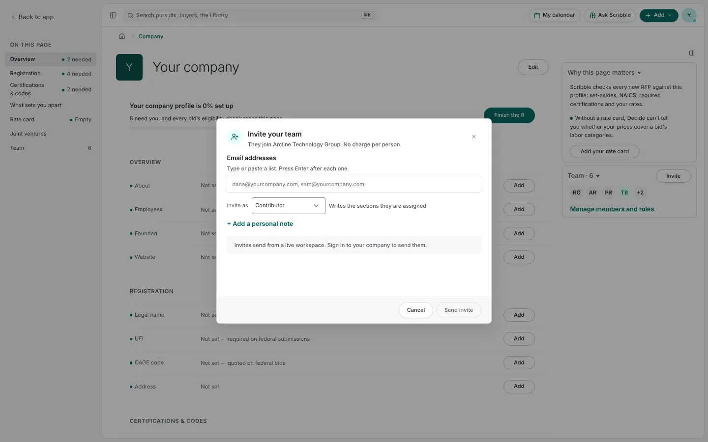 The Invite your team dialog: email addresses, a role to invite them as, an optional personal note, and Send invite