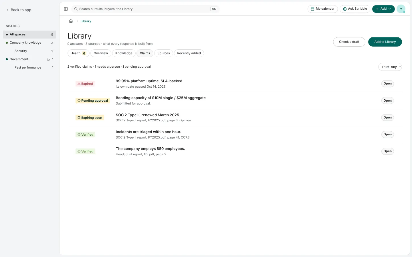 The Claims list: an expired uptime figure, a bonding capacity pending approval, a SOC 2 report expiring soon and two verified claims
