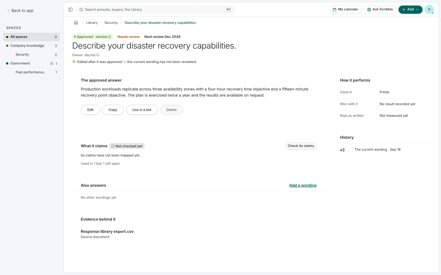An answer's page: the approved wording with Edit, Copy, Use in a bid and Delete, how it performs, its history, what it claims and the evidence behind it