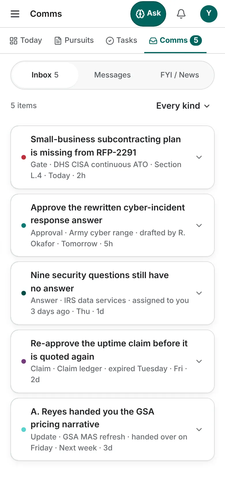 The Comms Inbox on a phone, with five items waiting