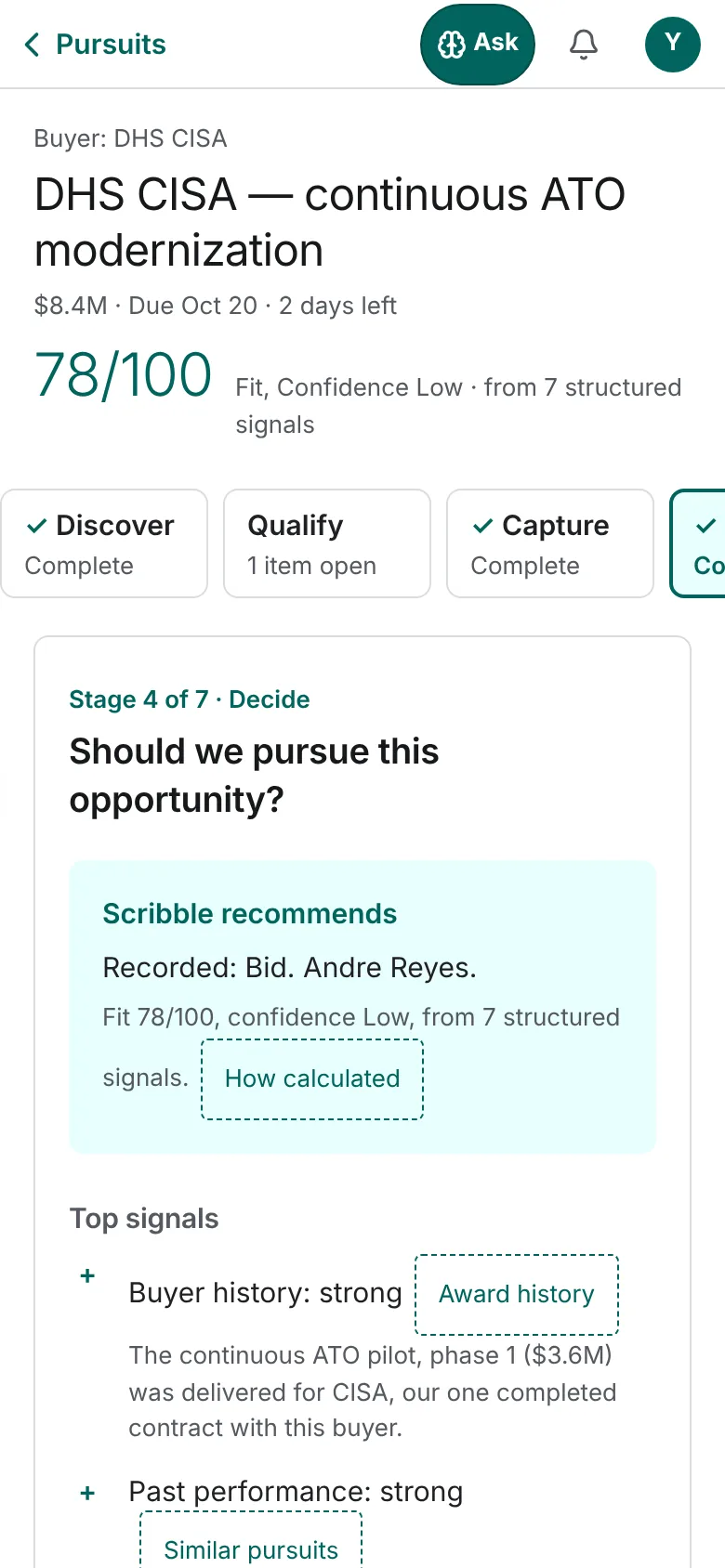 A pursuit on a phone: the fit score, the stage cards in a strip and the Decide question with Scribble's recommendation