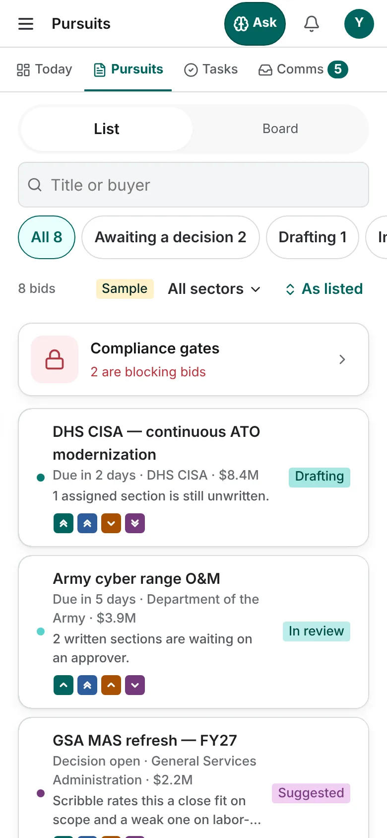 The Pursuits list on a phone with List and Board, search, stage chips and a card per bid