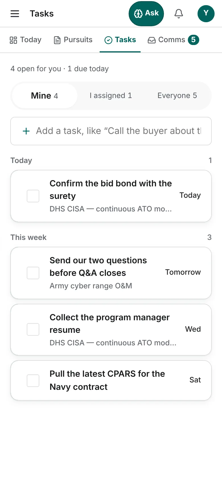 Tasks on a phone, grouped under Today and This week