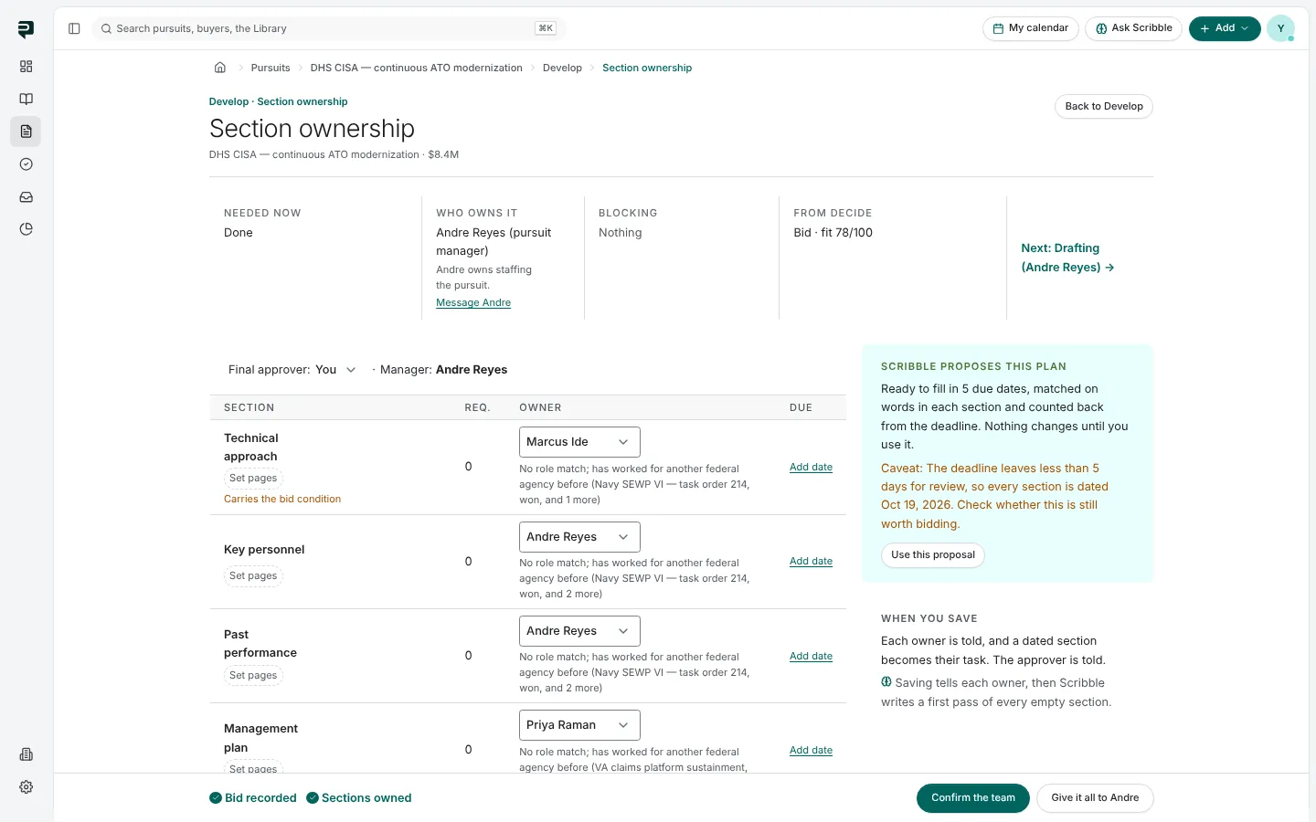 The Section ownership page: a final approver and manager at the top, a table of sections with owner and due date, and Scribble's proposed plan at the right