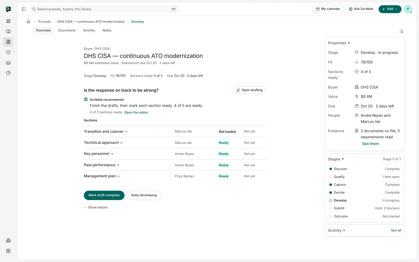 The Develop stage asking whether the response is on track, listing five sections with their owners and states, and the calls Mark draft complete and Keep developing