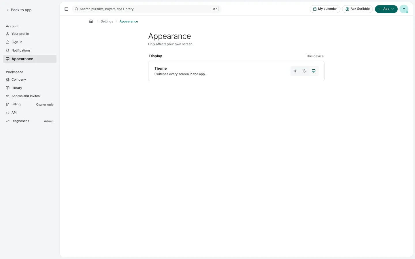 Settings › Appearance: the settings menu at the left with Account and Workspace groups, and the theme control