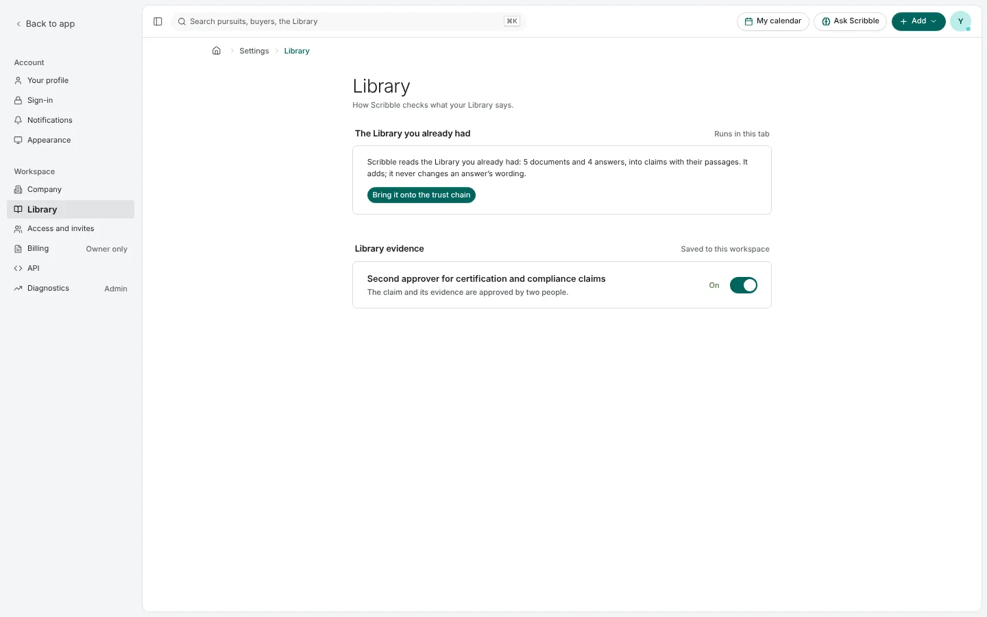 Settings › Library: the trust-chain backfill and the switch requiring a second approver for certification and compliance claims