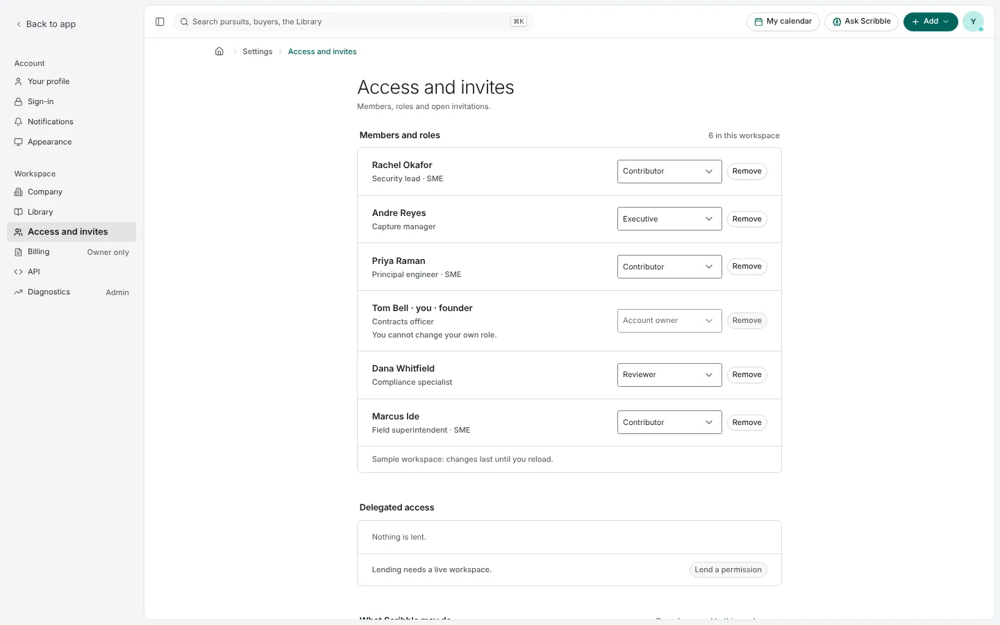 Access and invites: each member with their role and a Remove button, delegated access, and what Scribble may do