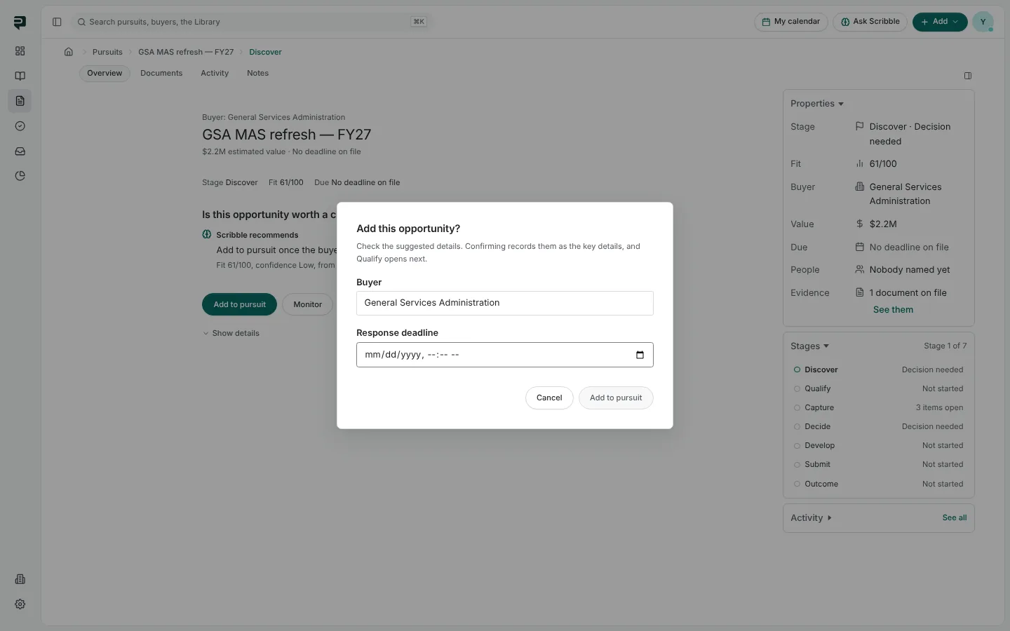 The Add this opportunity confirmation with the buyer and response deadline fields