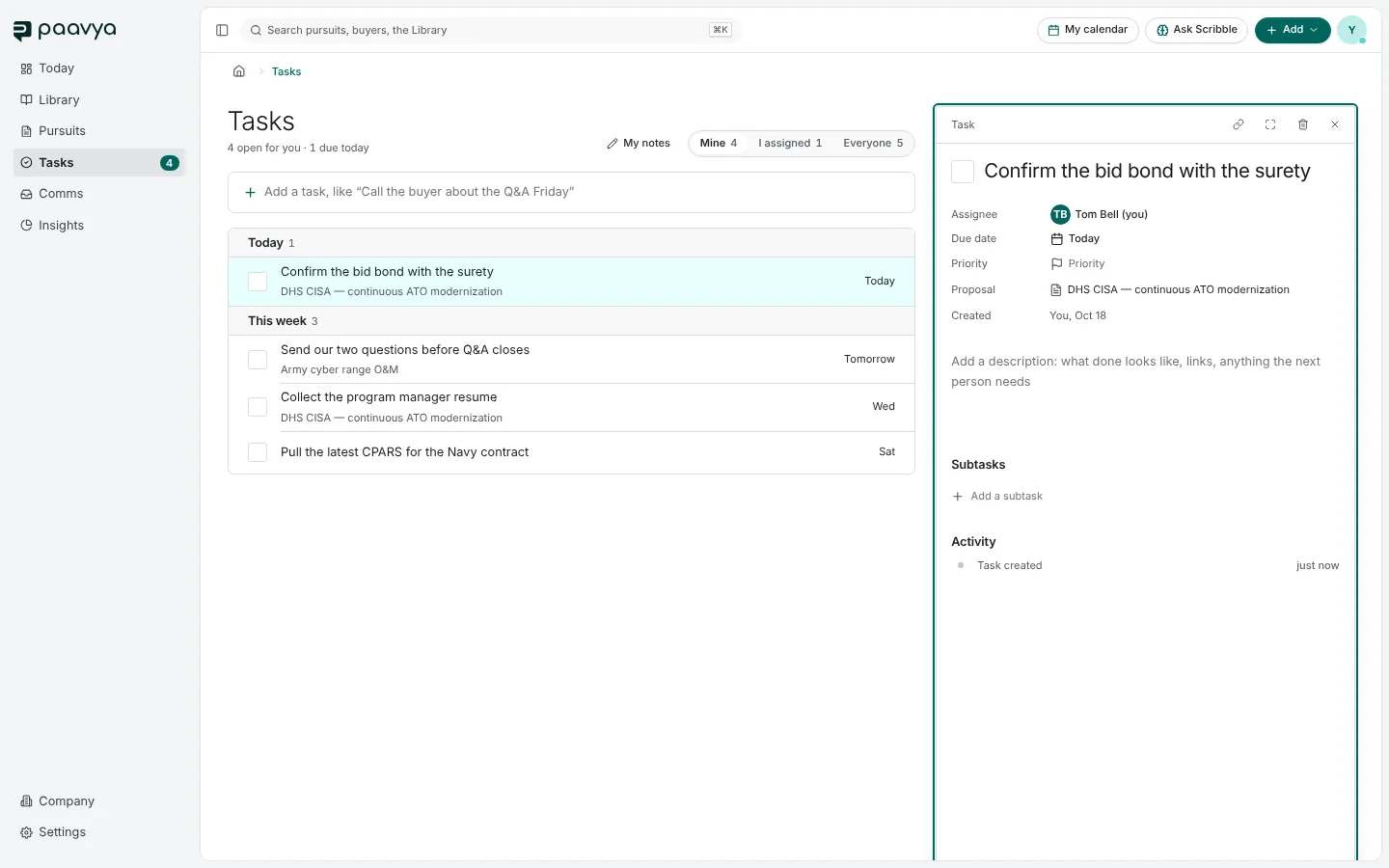 A task opened in a panel beside the list, with its assignee, due date, priority, pursuit, description, subtasks and activity