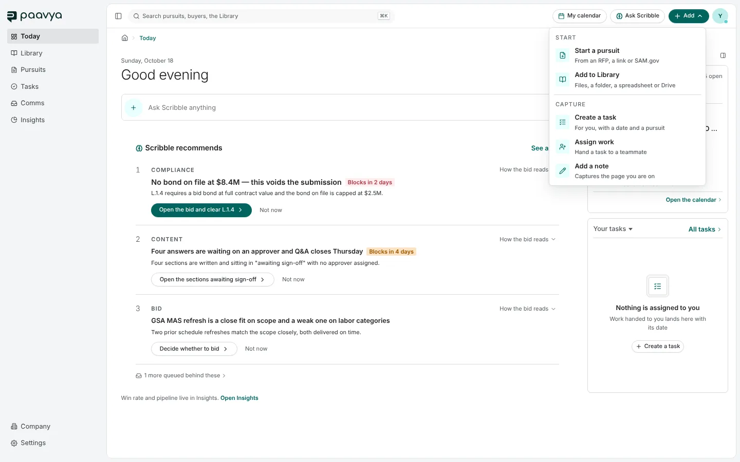 The Add menu open from the top bar, with Start a pursuit, Add to Library, Create a task, Assign work and Add a note